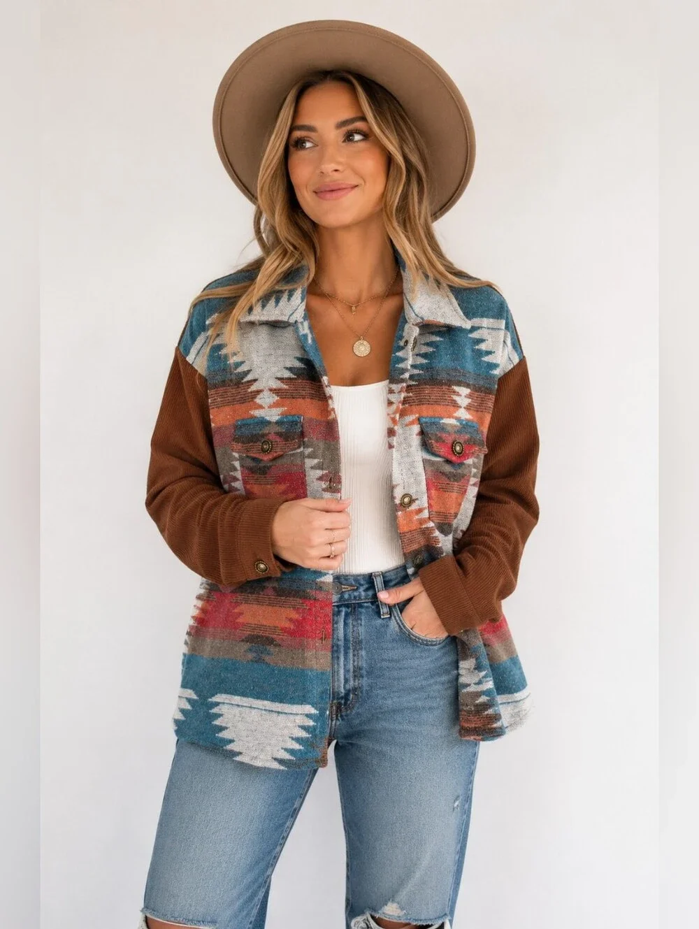 Southern Grace Aztec Western Shacket Jacket Brown Teal Rust XL NWT